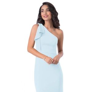 Azazie Rinna One Shoulder Crepe Floor Length Bridesmaid Dress in Sky Blue